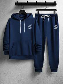 Manfinity Homme Men's Printed Hooded Sweatshirt And Sweatpants Two-Piece Set, Fall Clothes - Navy Blue - View 4