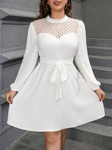 Calvaya Talla grande Vestido con cinturón con retazo con encaje adorno - Blanco - Ver 5