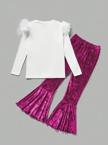 SHEIN 2pcs/Set Tween Girls' Cap Sleeve Long Sleeve T-Shirt And Pants - Hot Pink - View 2