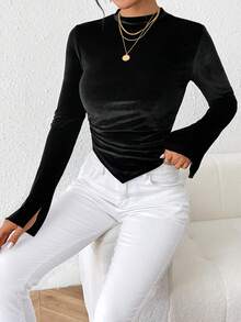 SHEIN Privé 女士开叉袖褶皱不对称下摆 T 恤 - 棕色 - 查看 3