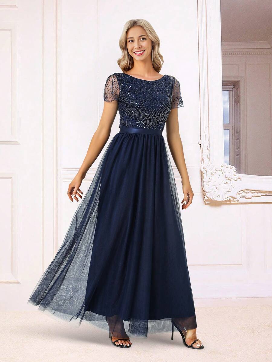 Vestido Largo De Lentejuelas Y Cuentas En Color Azul Marino - Azul Marino - Ver 1