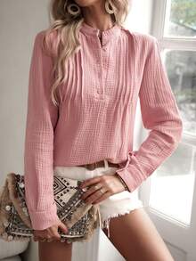 SHEIN VCAY 純色斜紋織紋長袖襯衫 - 藕粉色 - 查看 2