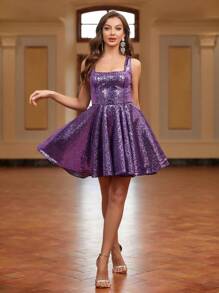 SHEIN Belle Square Neck Sequin Cocktail Dress - Purple - View 4