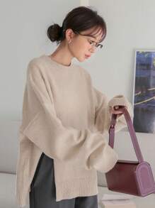 DAZY Drop Shoulder Split Hem Sweater - Apricot - View 4