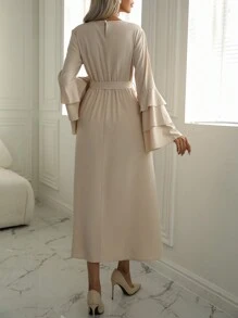 SHEIN LUNE 純色短袖蛋糕連衣裙 - 杏色 - 查看 2