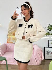 SHEIN MOD 蝴蝶結點綴的短款西裝外套和裙子套裝 - 米色 - 查看 6