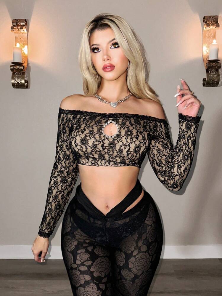 Women's Off Shoulder Pearl Beaded Lace Hollow Out Cropped Top