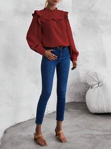 SHEIN LUNE 素色燈籠袖襯衫帶荷葉邊 - 酒紅色 - 查看 4