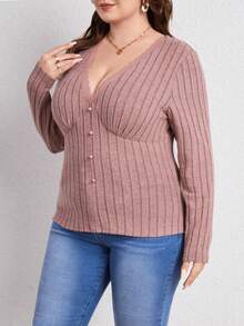 SHEIN Frenchy 大尺碼蕾絲邊 T 卹 - 藕粉色 - 查看 3