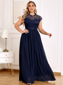 MIUSOL Plus Size Contrast Color Lace Chiffon Evening Party Long Formal Dress - Navy Blue - View 1