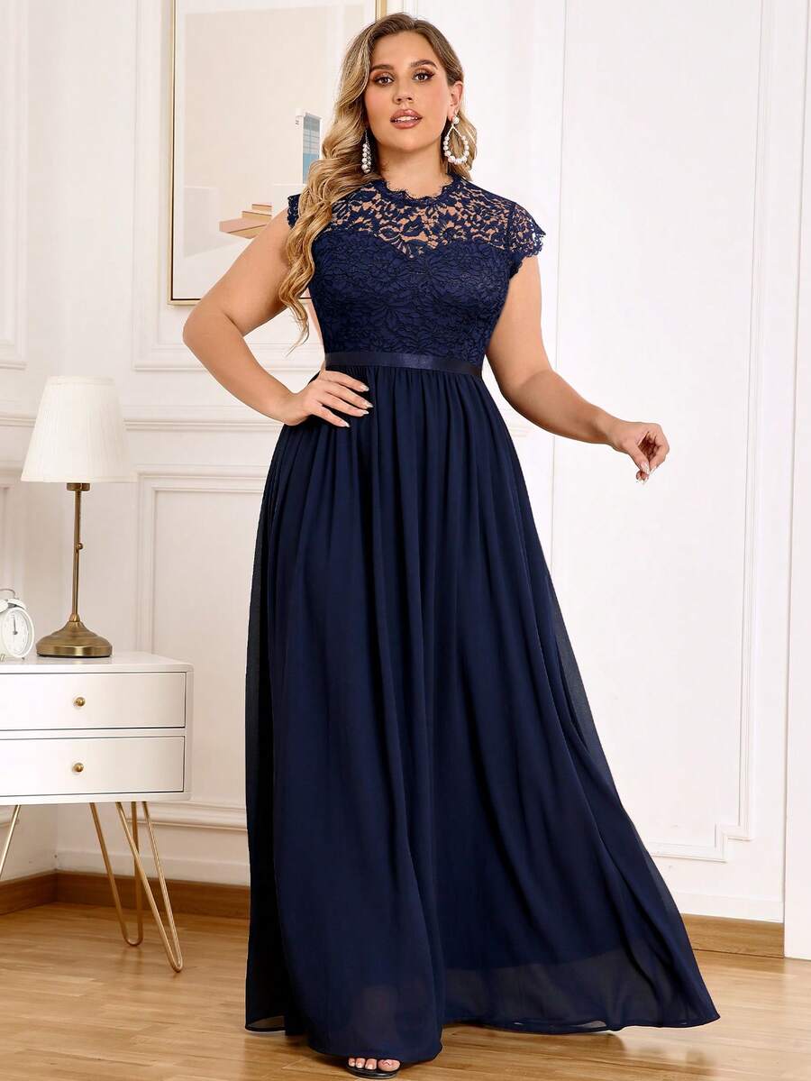 MIUSOL Plus Size Contrast Color Lace Chiffon Evening Party Long Formal Dress - Navy Blue - View 1