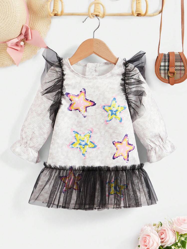 Infant Girls' Autumn/winter Star Printed Mesh Dress With Ruffle Hem Detail