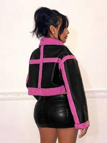 SHEIN SXY Faux Shearling Panel Colorblock Drop Shoulder PU Leather Jacket - Hot Pink - View 2