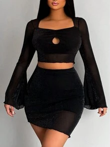 SHEIN SXY Cut Out Front Crop Top & Bodycon Skirt - Black - View 3