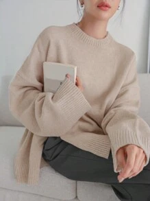 DAZY Drop Shoulder Split Hem Sweater - Apricot - View 5