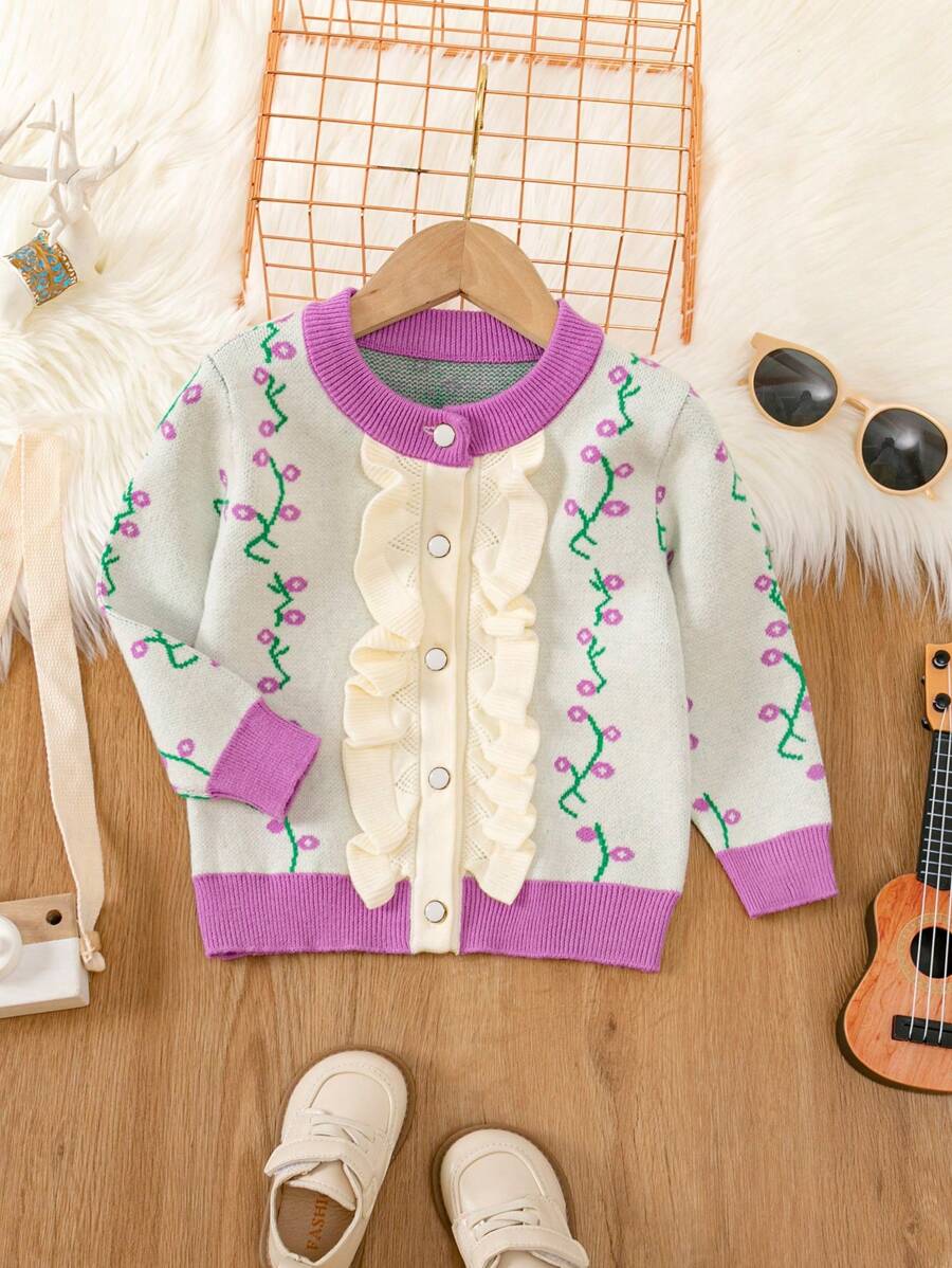 Đứa bé gái Mô hình hoa Viền Ruffle Áo len Mở - Màu Hồng Tươi - Xem 1