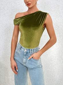 SHEIN Privé Women's Asymmetrical Collar & Pleated Detail Top - Green - View 5