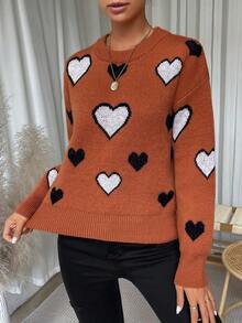 SHEIN LUNE Heart Pattern Drop Shoulder Sweater - Orange - View 4