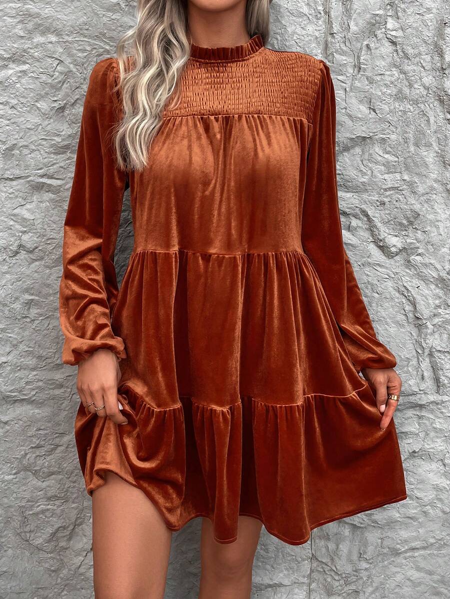 SHEIN Clasi 荷葉邊襯衫領波浪緣泡泡袖天鵝絨洋裝 - 亮橙色 - 查看 1