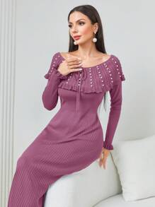 Modelyn Pearls Beaded Tie Front Ruffle Trim Sweater Dress - Purple - View 5