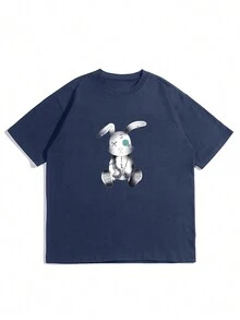男士卡通兔子印花圆领短袖休闲百搭 T 恤 - 藏蓝色 - 查看 3