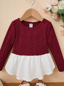 SHEIN Young Girl Two Tone Peplum Tee - Red - View 4