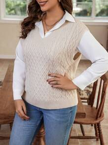 Calvaya Plus Cable Knit Sweater Vest Without Blouse - Apricot - View 3