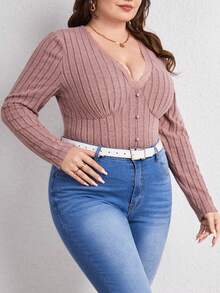 SHEIN Frenchy 大尺碼蕾絲邊 T 卹 - 藕粉色 - 查看 4