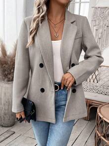 SHEIN Essnce Double Breasted Lapel Collar Blazer - Khaki - View 3