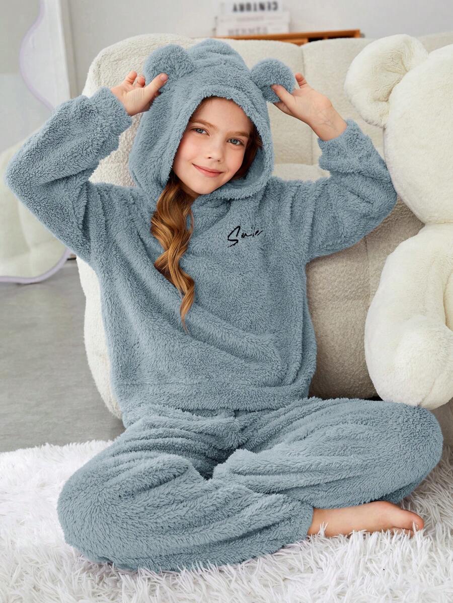 SHEIN Cô gái Tween Thêu Chữ Thiết kế tai 3D áo có mũ Flannel Bộ hoodie & Quần PJ - Màu xanh bụi bặm - Xem 1