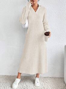 SHEIN LUNE Solid Color Knitted Ribbed Bodycon Dress - Apricot - View 1