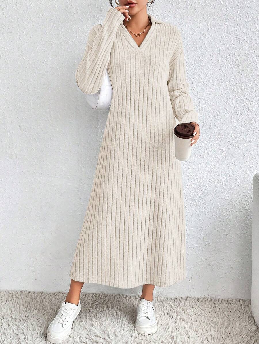 SHEIN LUNE Solid Color Knitted Ribbed Bodycon Dress - Apricot - View 1