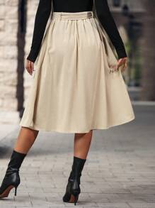 Chiquease Button Front Belted Corduroy Skirt - Apricot - View 2