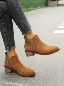 秋冬女士时尚绒面革踝靴，粗跟圆头棕色百搭皮革切尔西靴毛皮休闲一脚蹬，女靴 - 棕色 - 查看 3