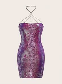 SHEIN ICON Leopard Print Chain Detail Halter Neck Bodycon Dress