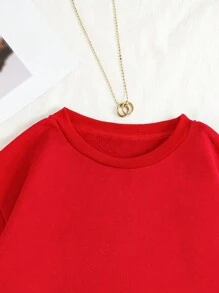 SHEIN EZwear 女士纯色圆领卫衣，适合毕业季、返校季、教师节等场合，秋季返校套头衫 - 紅色 - 查看 3