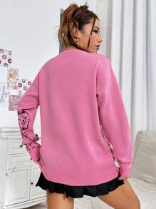 SHEIN EZwear 女用卡通貓圓領毛衣 - 粉色 - 查看 2
