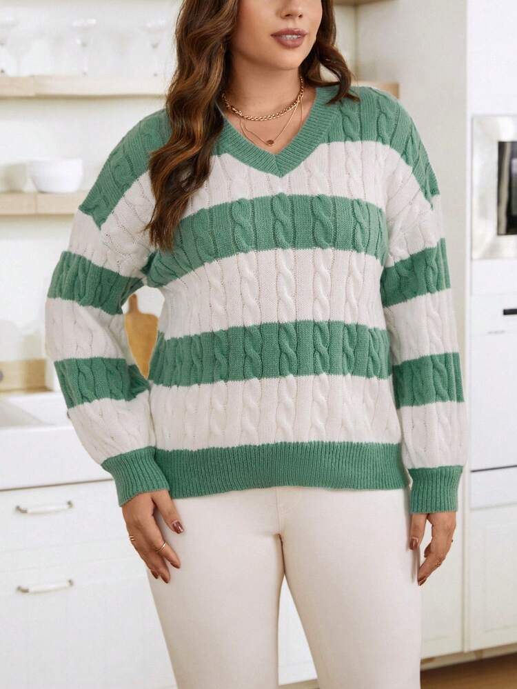 Plus Two Tone Cable Knit Drop Shoulder Sweater Knit Pullover Fall Winter Sweater