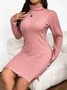 SHEIN Frenchy 肋紋短高領純色修身針織衫裙,大碼 - 西瓜粉 - 查看 6