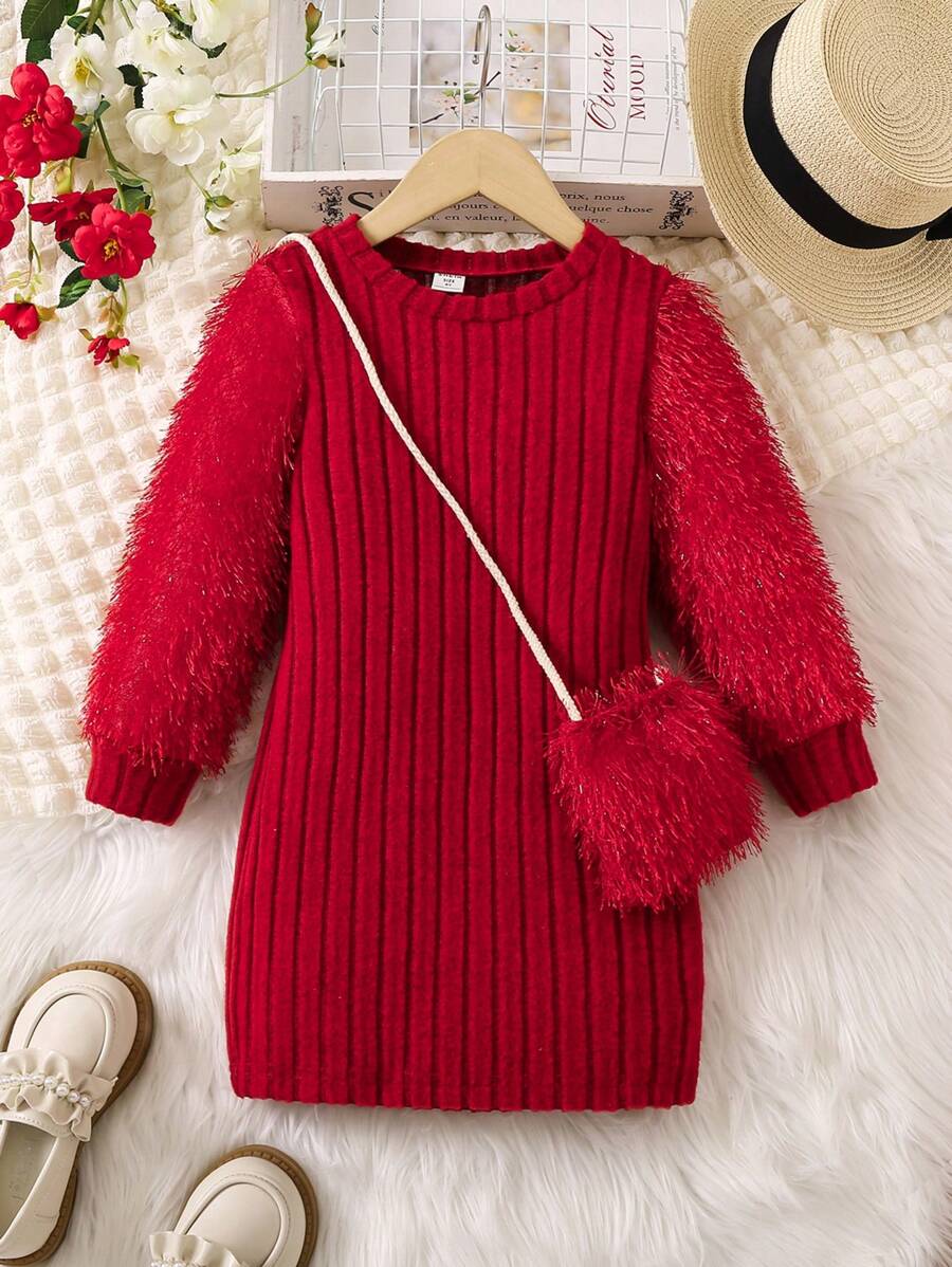 SHEIN Young Girl Fuzzy Sleeve Ribbed Knit Dress With Bag - Burgundy - View 1