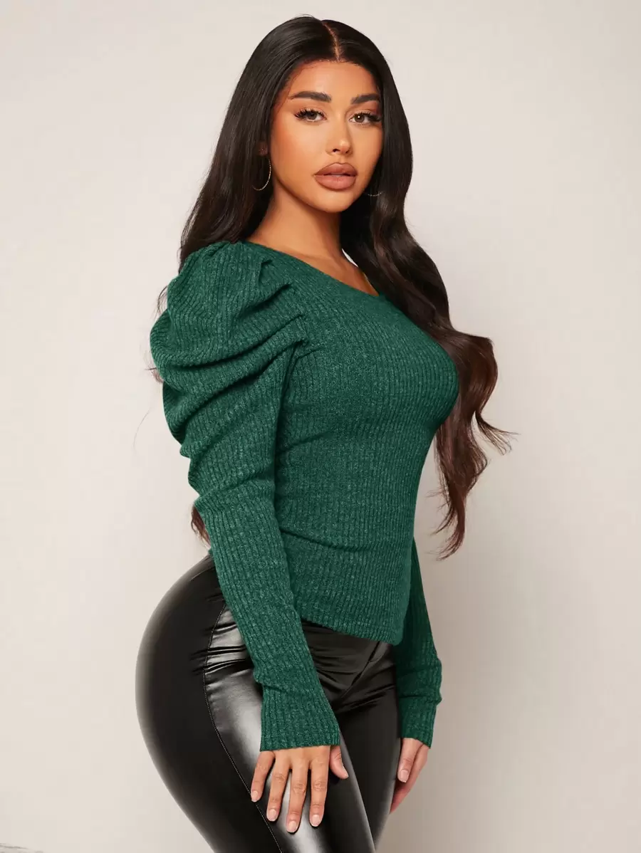 SHEIN SXY Women's Solid Color Leg Of Mutton Sleeve T-shirt - Dark Green - View 1