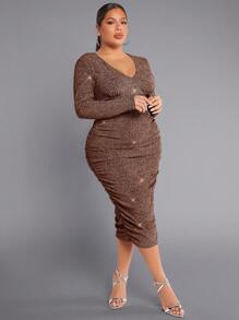 SHEIN SXY 大尺寸 V 領褶飾亮片連身裙