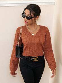 GENKIRA 麻花针织V领长袖女式针织套头衫秋冬毛衣 - 咖啡棕 - 查看 6