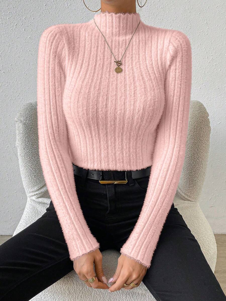 SHEIN Essnce 立領純色套頭毛衣 - 粉色 - 查看 1