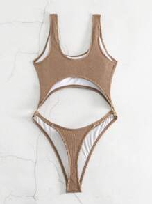 SHEIN Swim Bãi biển mùa hè dành cho nữ Màu trơn Cut Out Eo Đồ bơi một mảnh thời trang Đồ tắm - màu nâu - Xem 3