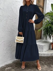 SHEIN Clasi 純色紐帶裝飾荷葉邊連身裙 - 藏蓝色 - 查看 6