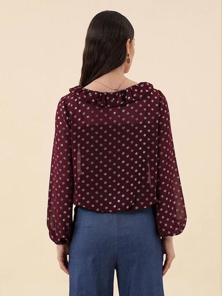 Polka Dot Print Ruffle Trim Blouse