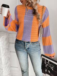 Chiquease Two Tone Cable Knit Drop Shoulder Knit Pullover Fall Winter Sweater - White - View 4