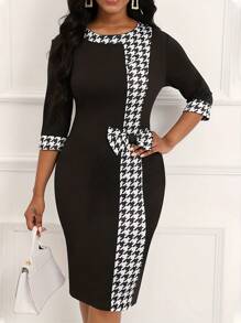 加大號千鳥格印花蝴蝶結細節緊身連衣裙 - 黑色 - 查看 1