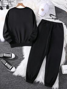 SHEIN Essnce Slogan Heart Crew Neck Drop Shoulder Sweatshirt And Drawstring Waist Pocket Sweatpants - Black - View 2